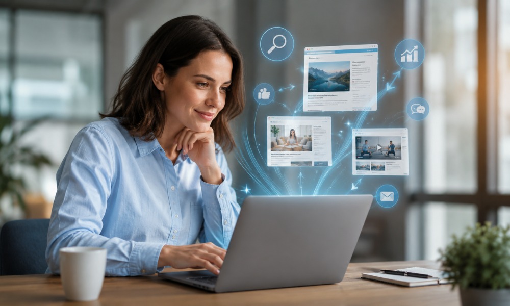 Woman smiling at her laptop with digital screens